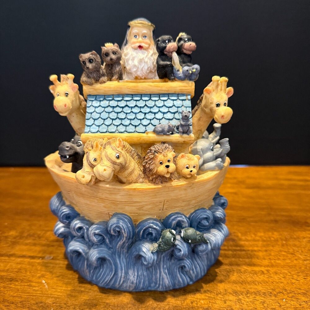 Vintage Noah's Ark Piggy Bank Resin Figurine Animals Blue Waves
